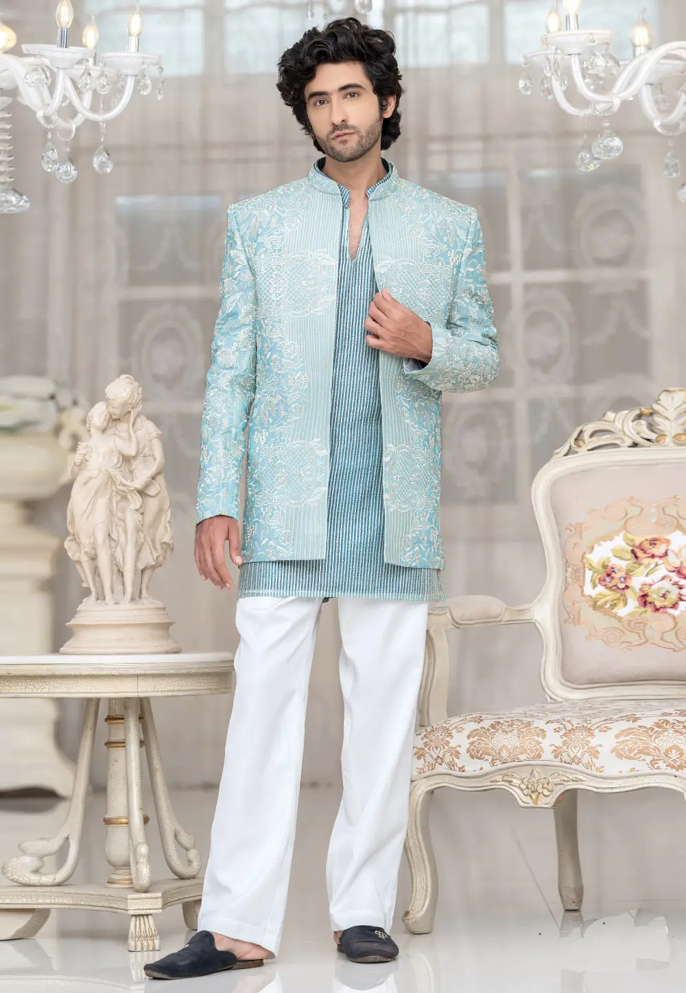 Sky Blue Silk Indo Western Suit 336535