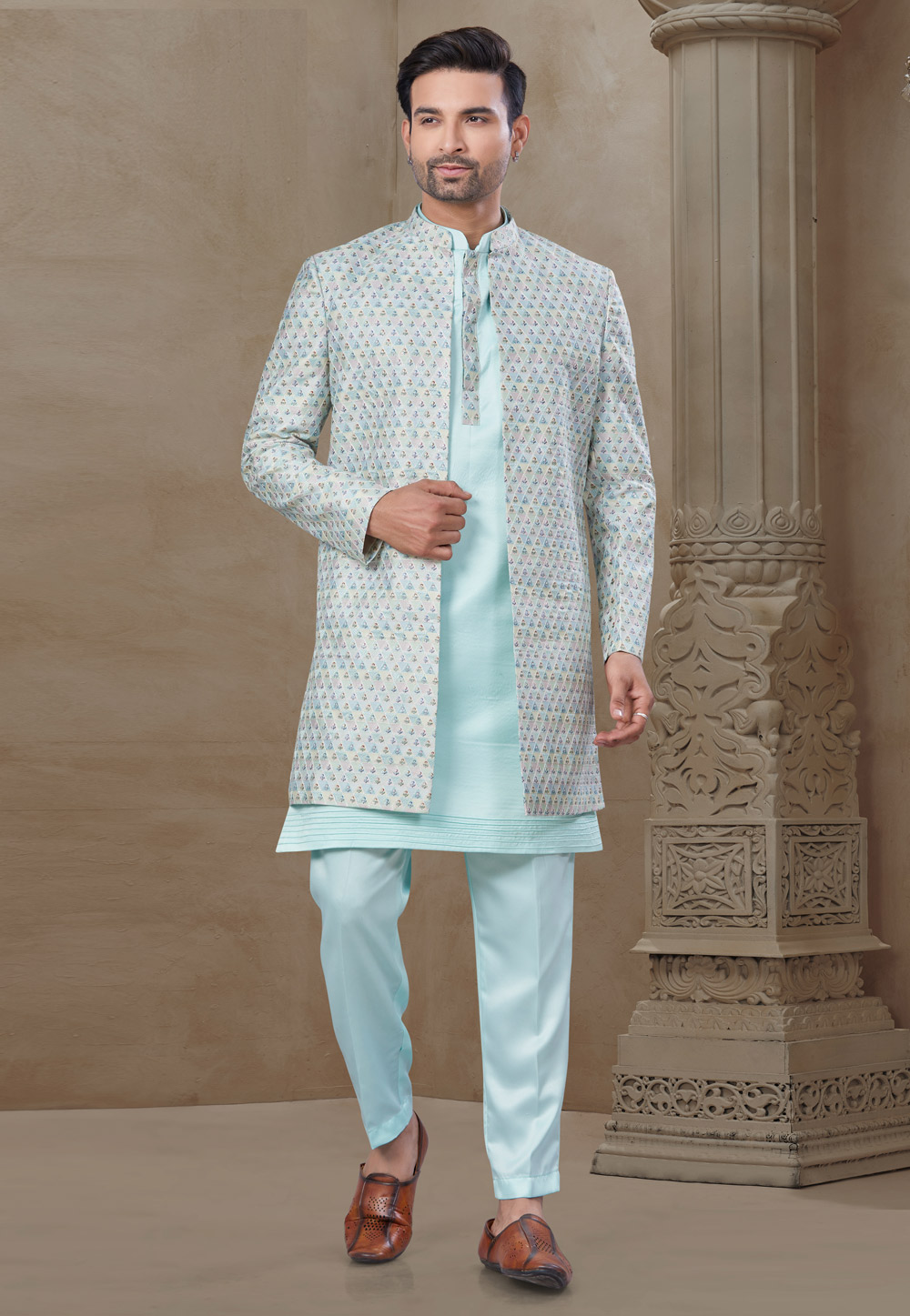Sky Blue Silk Indo Western Suit 306687