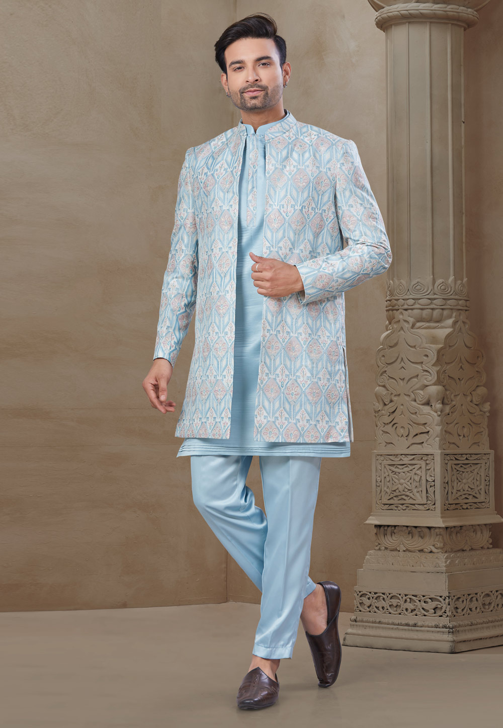 Sky Blue Silk Indo Western Suit 306689