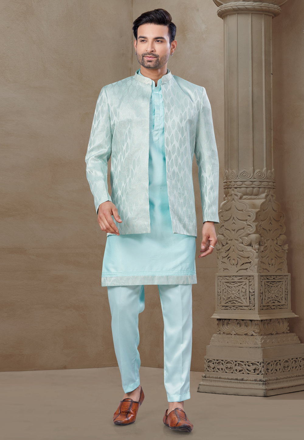 Sky Blue Silk Indo Western Suit 306691