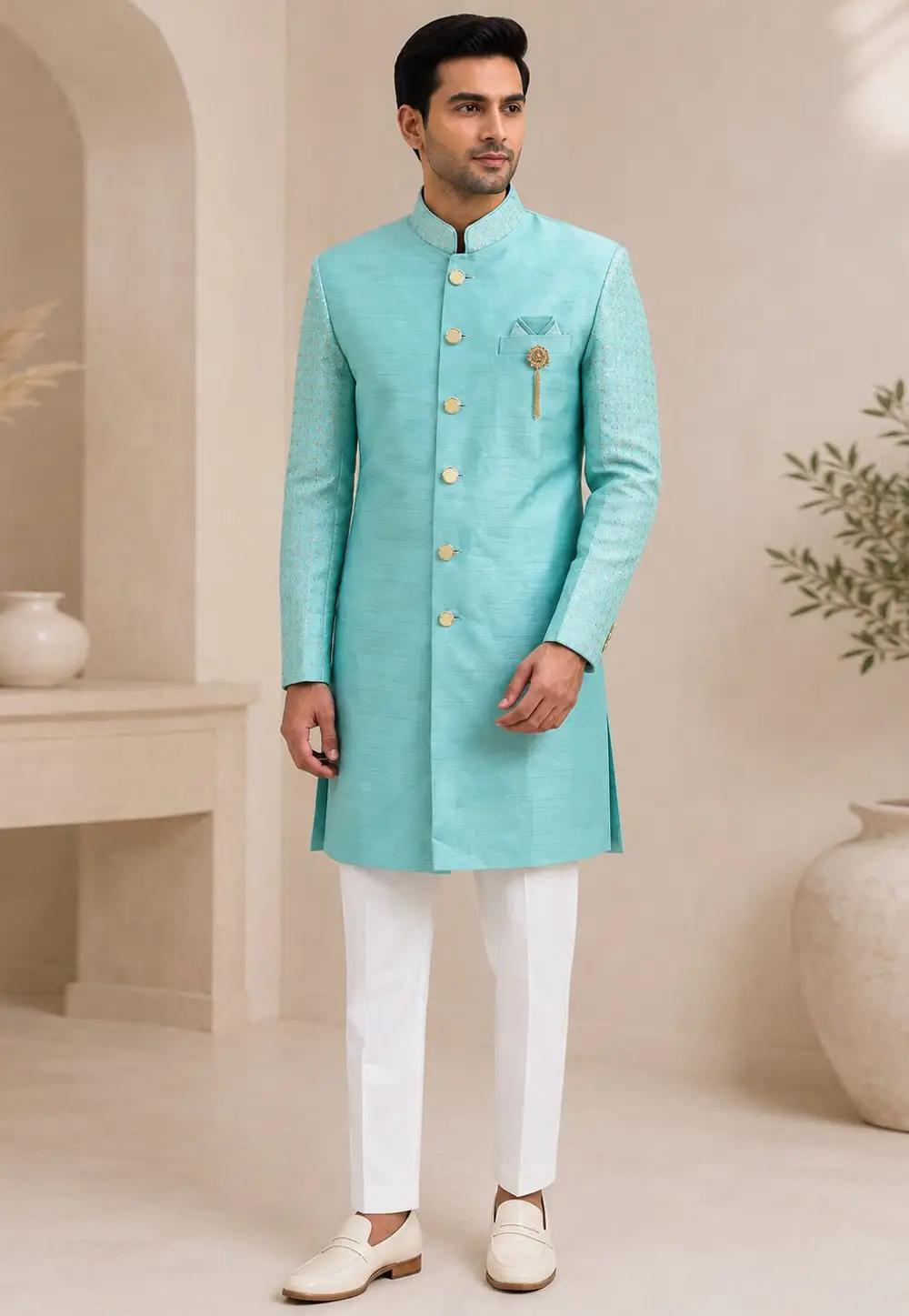 Sky Blue Silk Indo Western Suit 334975