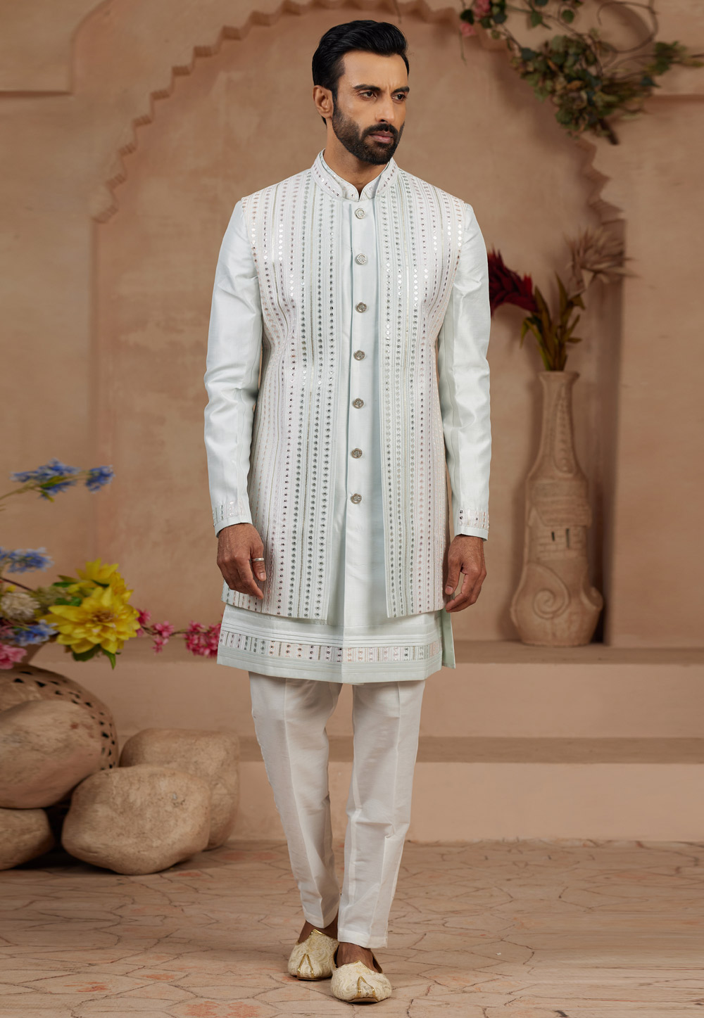 Sky Blue Silk Jacket Style Sherwani 306725