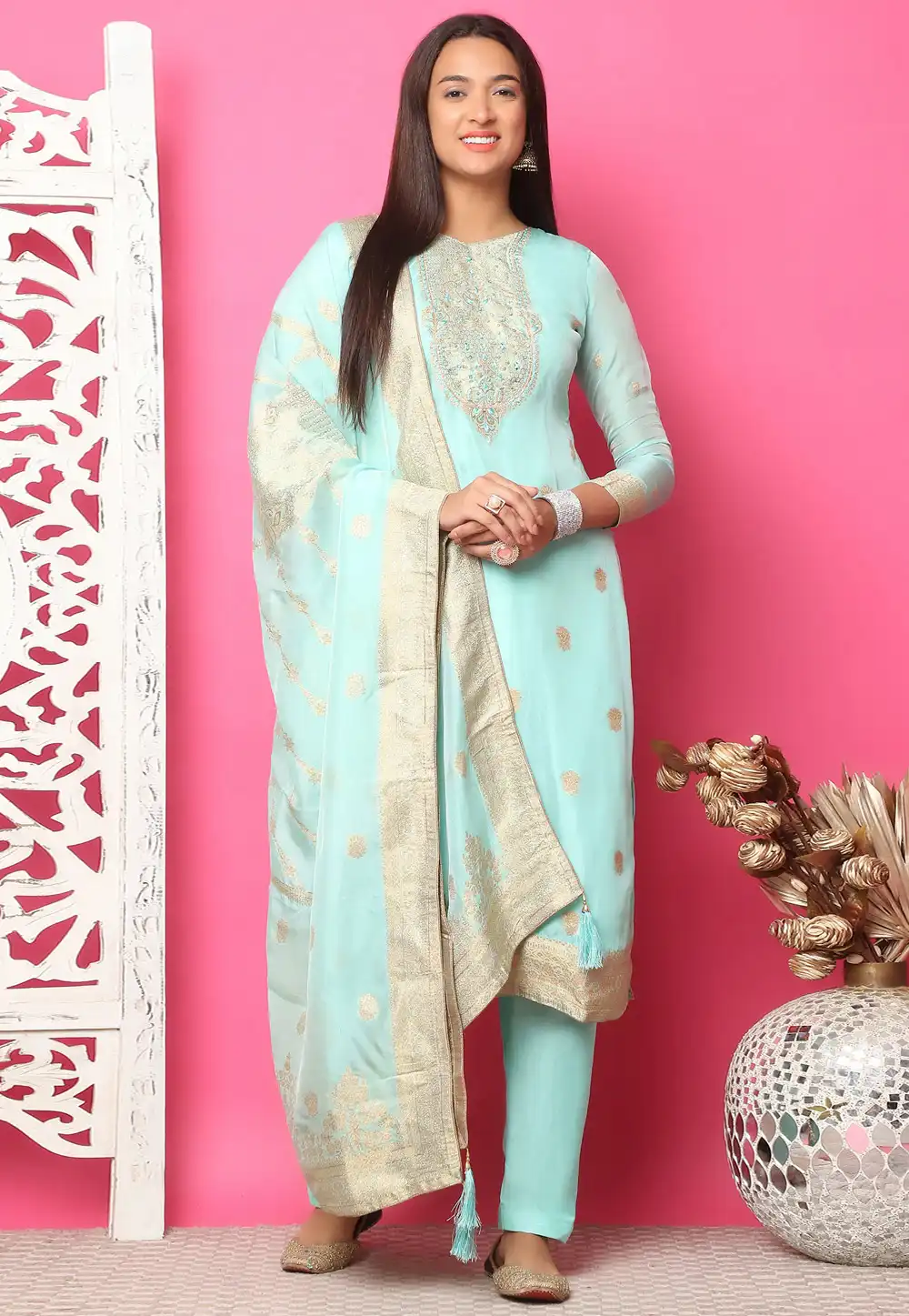 Sky Blue Silk Jacquard Pant Style Suit 310129