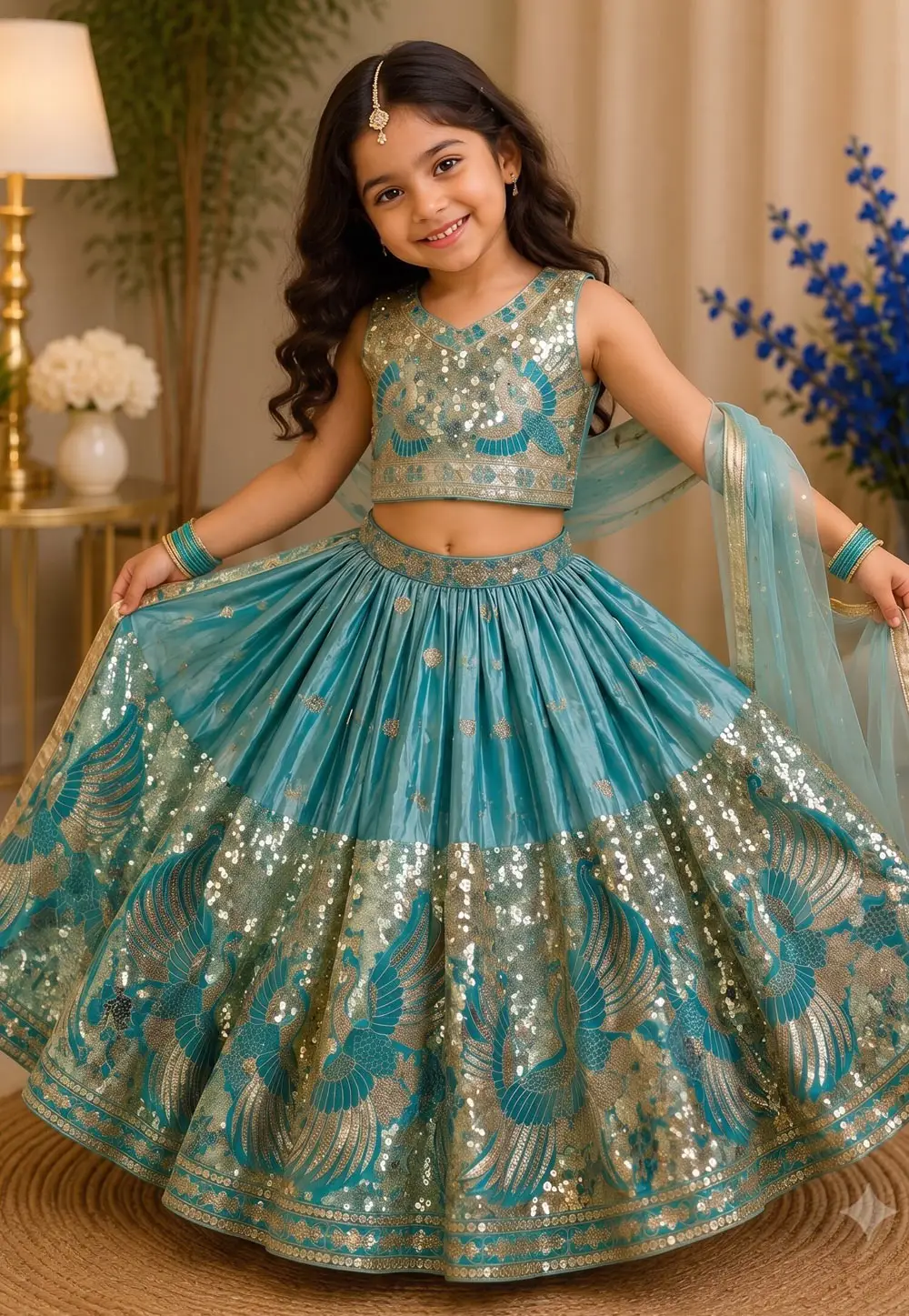 Sky Blue Silk Kids Lehenga Choli 333373