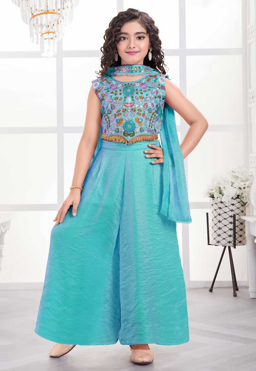 Sky Blue Silk Kids Palazzo Suit 326627
