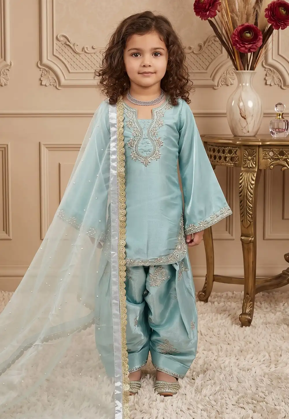 Sky Blue Silk Kids Punjabi Suit 329924