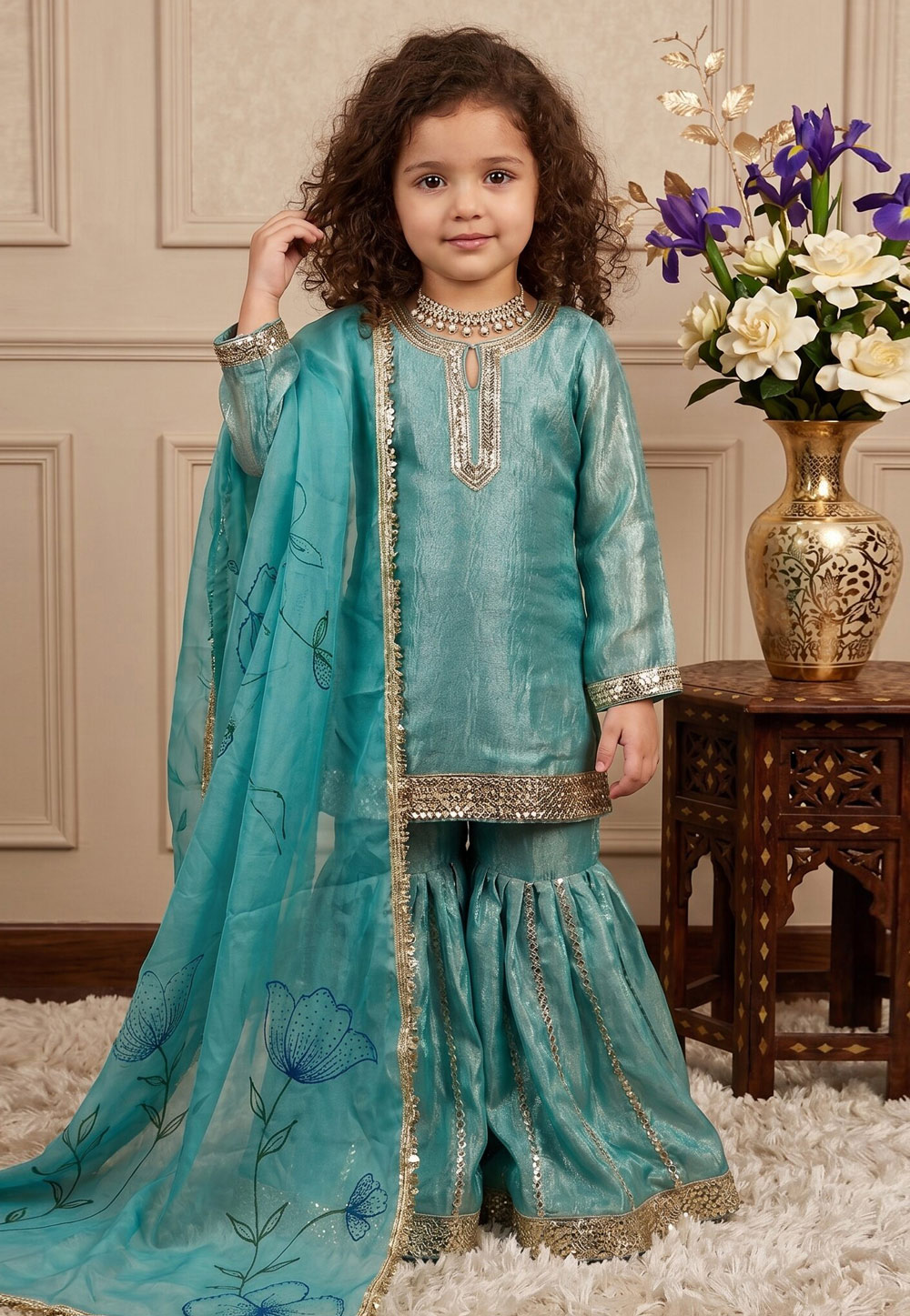 Sky Blue Silk Kids Sharara Suit 329482