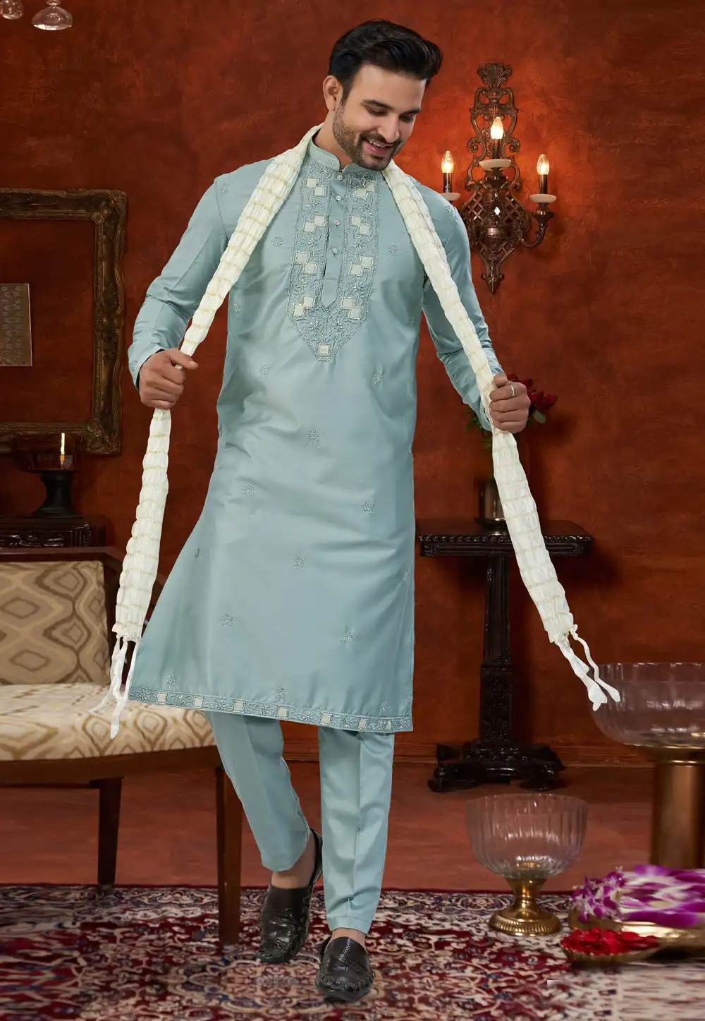 Sky Blue Silk Kurta Pajama 324605