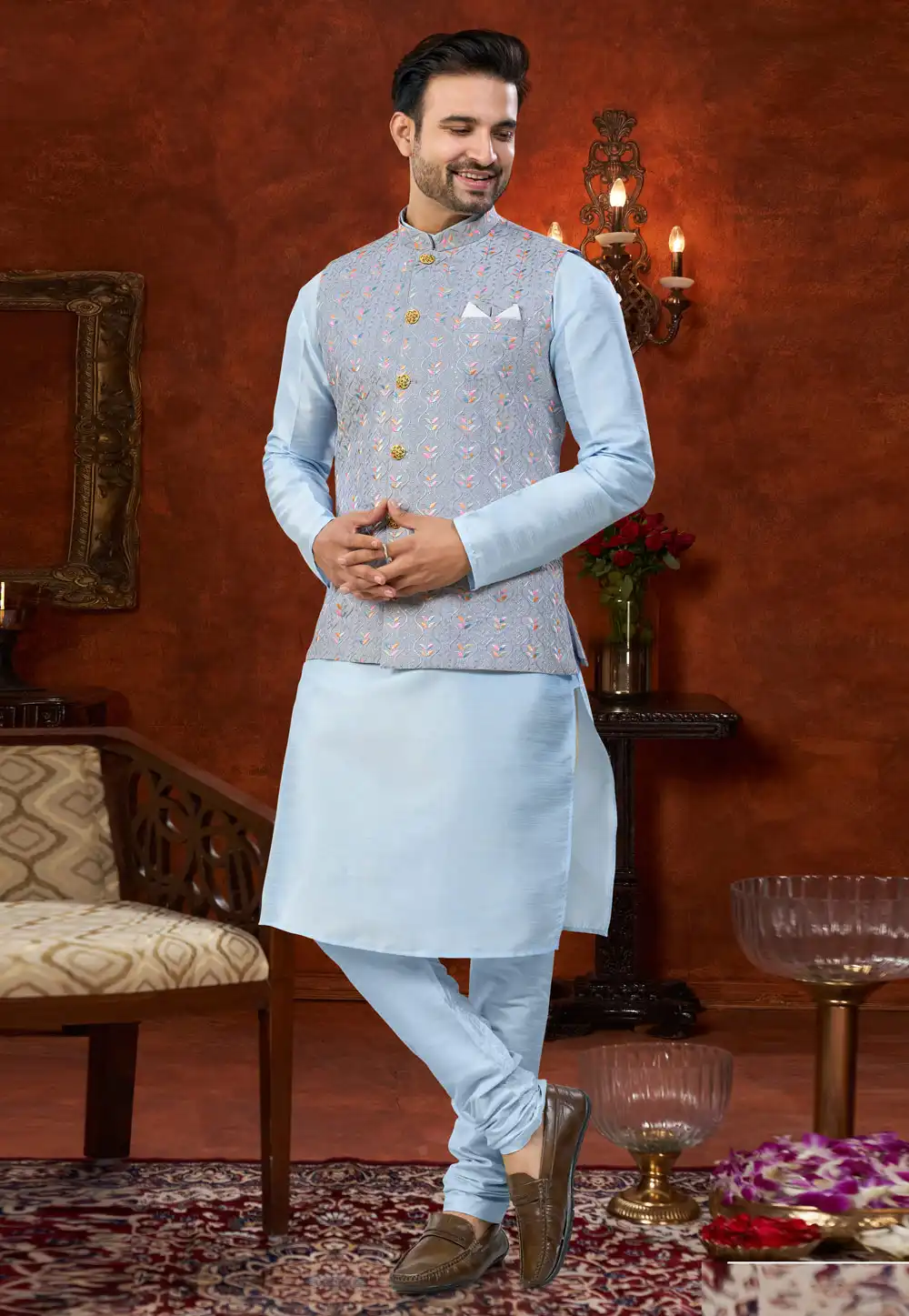 Sky Blue Silk Kurta Pajama With Jacket 324598