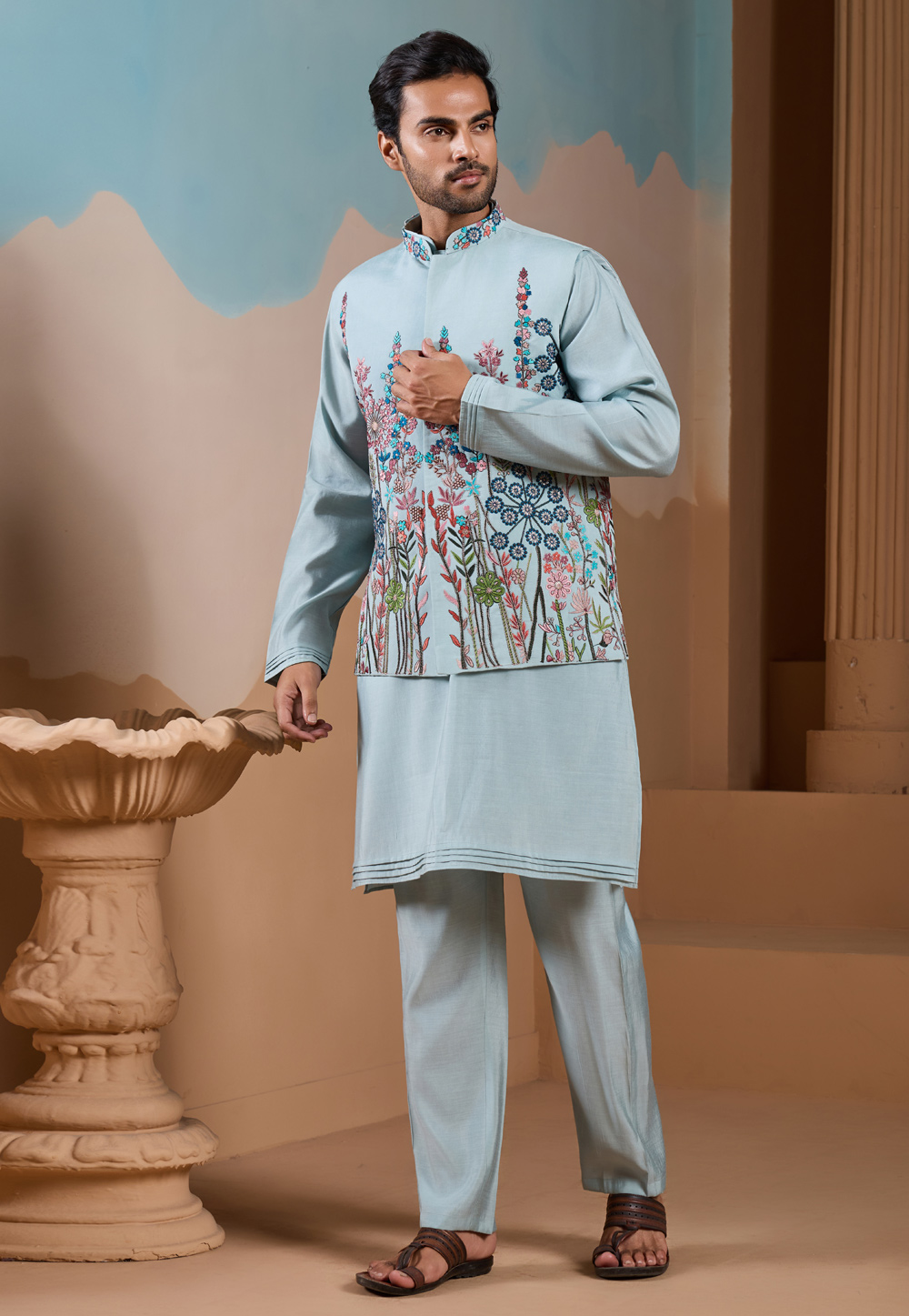 Sky Blue Silk Kurta Pajama With Jacket 319814