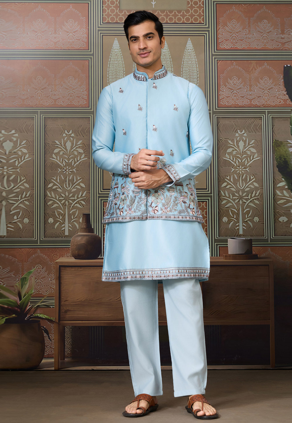 Sky Blue Silk Kurta Pajama With Jacket 318996