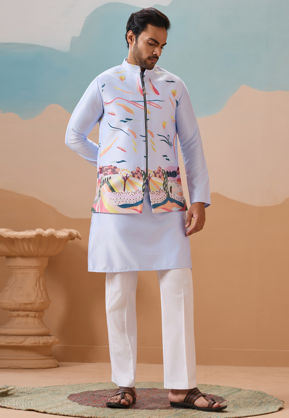 Sky Blue Silk Kurta Pajama With Jacket 319125