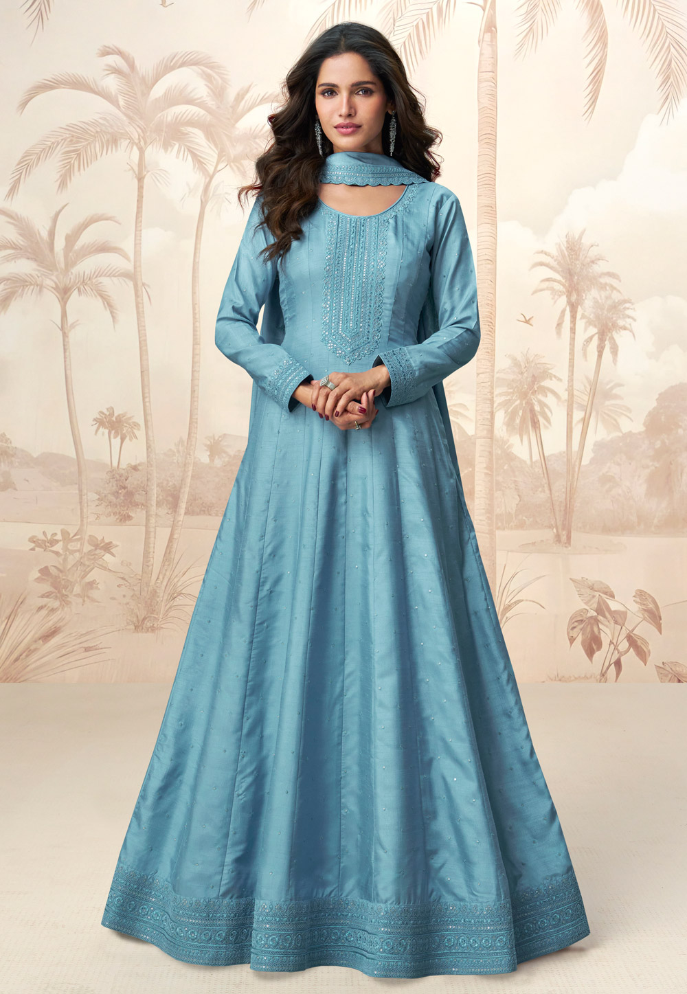 Sky Blue Silk Long Anarkali Suit 307545