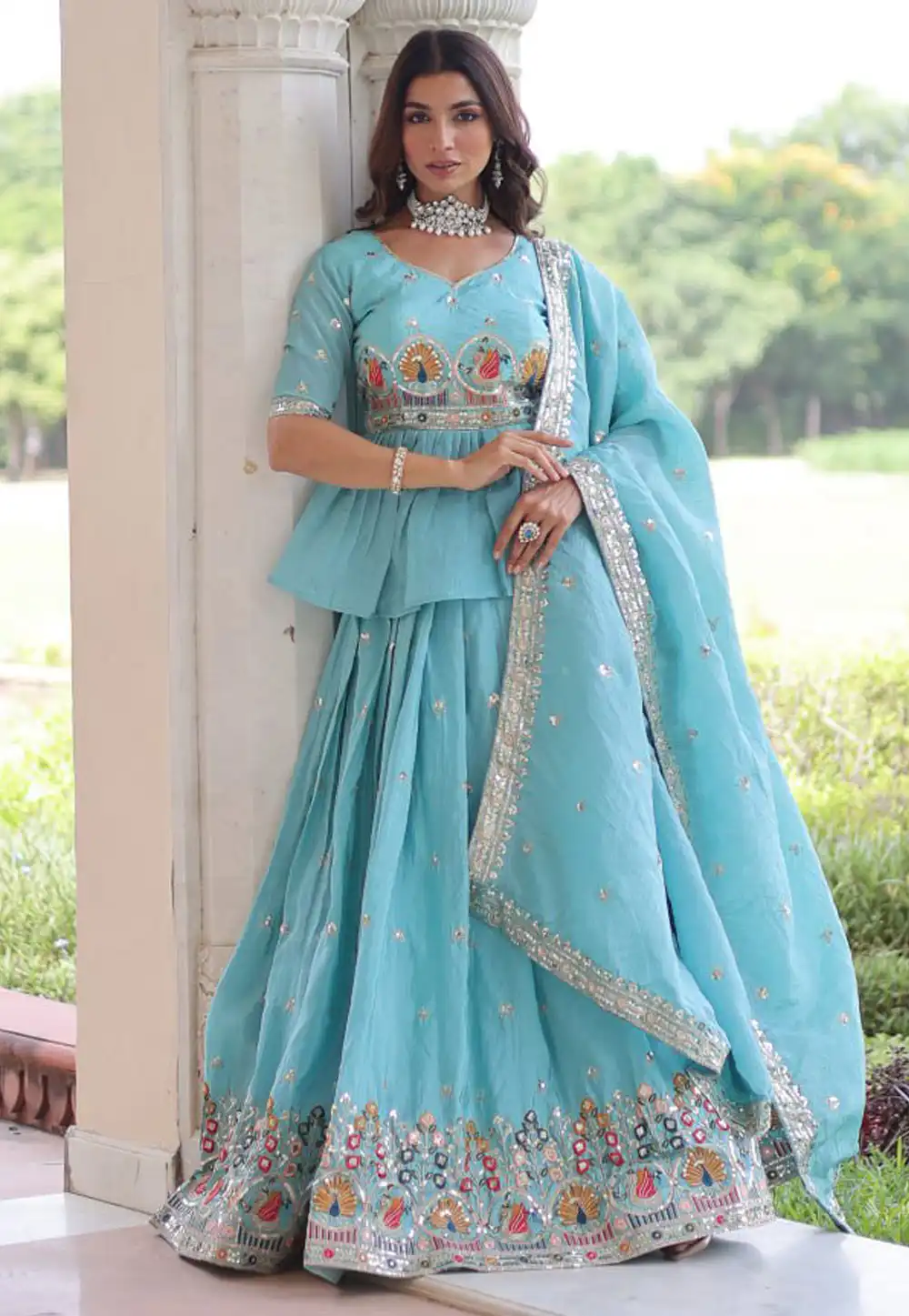 Sky Blue Silk Long Choli Lehenga 320444