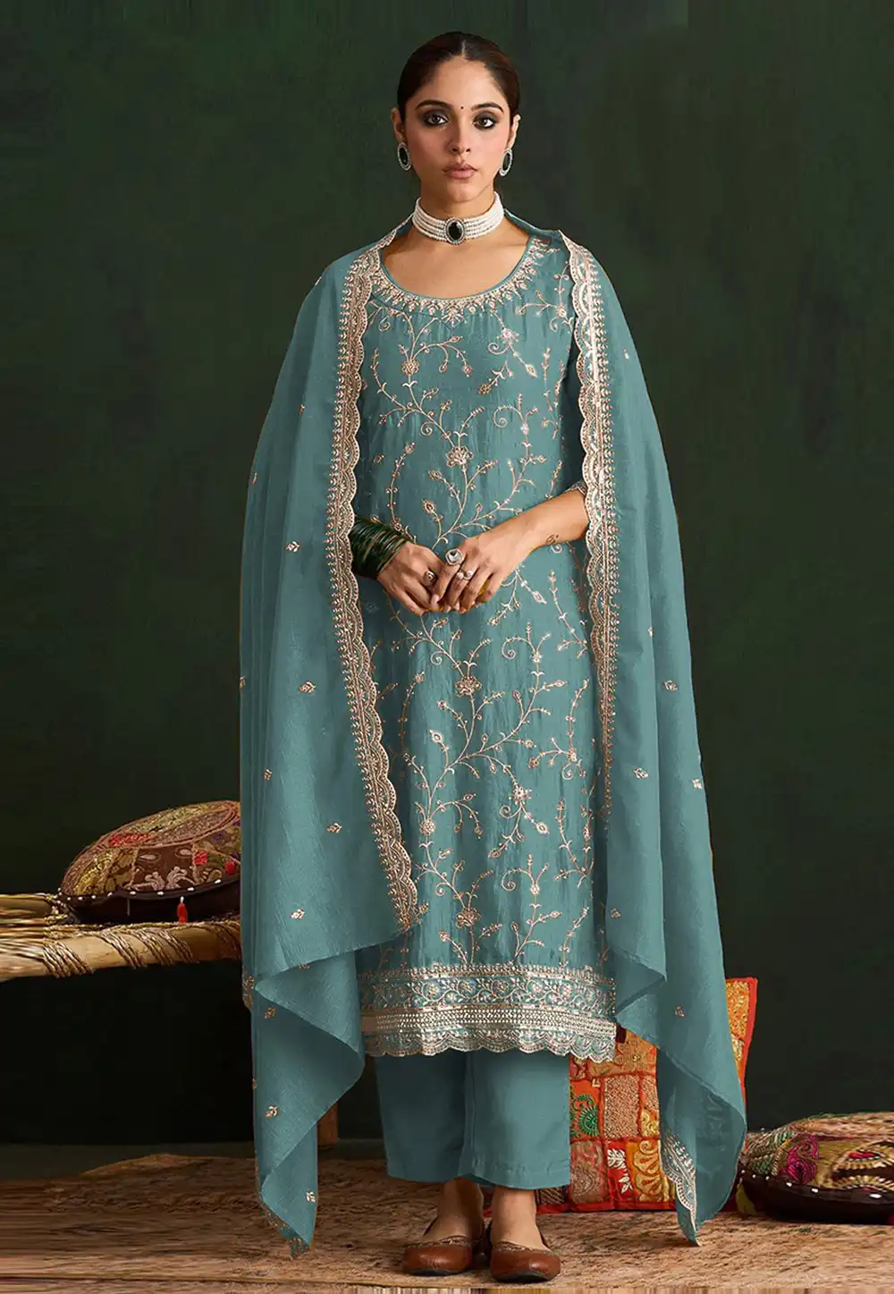 Sky Blue Silk Pakistani Suit 327992