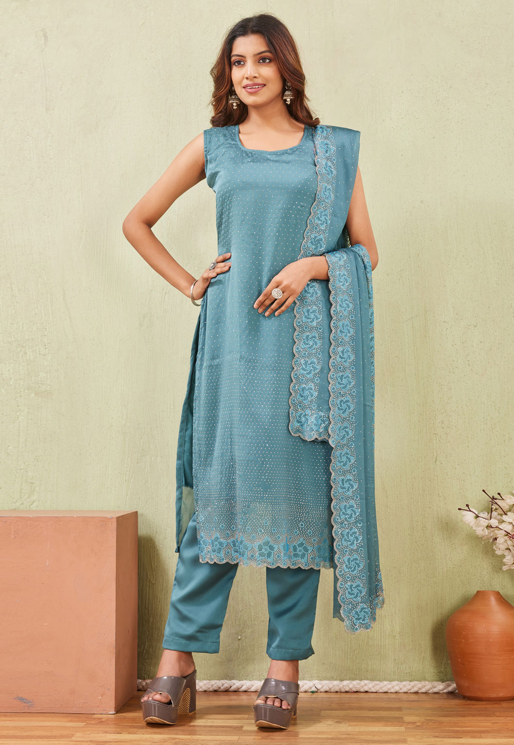 blue silk dress pakistani Midnight Blue Silk Farshi Shalwar Pakistani Dress main image 0