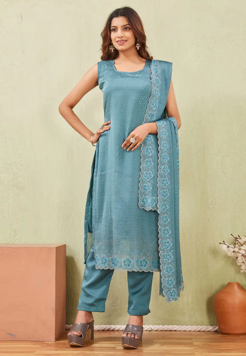Sky Blue Silk Pakistani Suit 324896