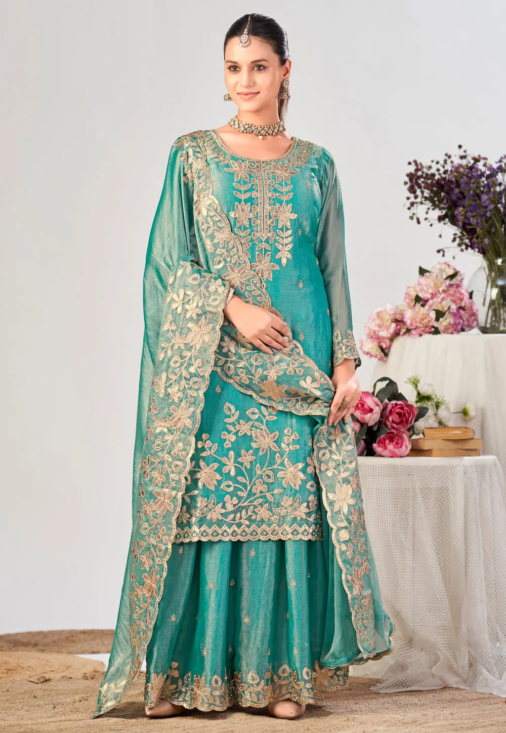 Sky Blue Silk Pakistani Suit 334554