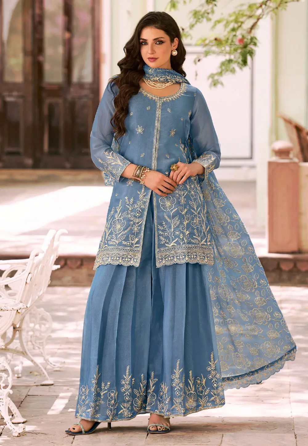 Sky Blue Silk Palazzo Suit 336375