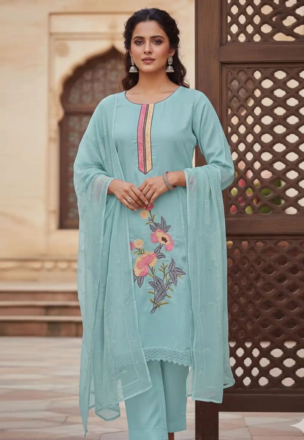 Sky Blue Silk Pant Style Suit 330317