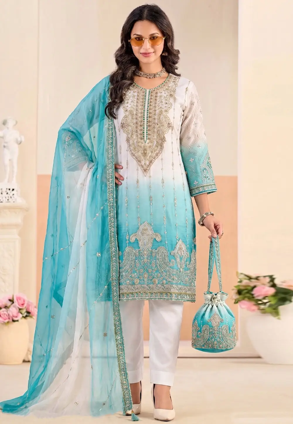 Sky Blue Silk Pant Style Suit 331169