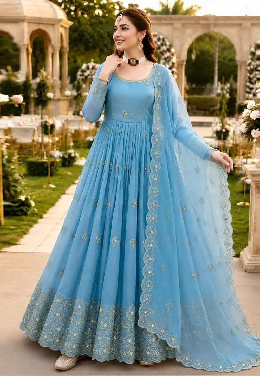 Sky Blue Silk Readymade Anarkali Suit 330431