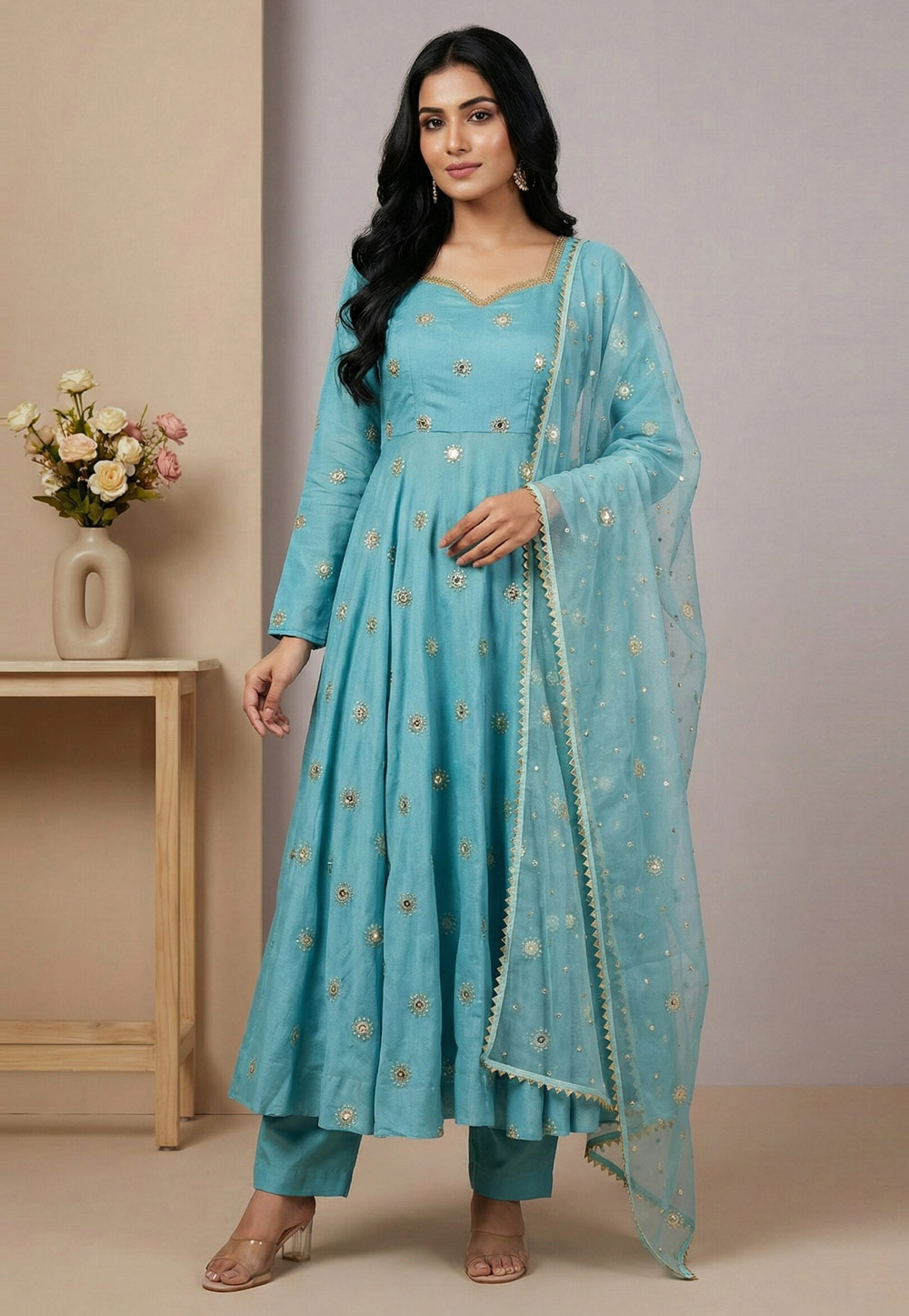 Sky Blue Silk Readymade Anarkali Suit 324965