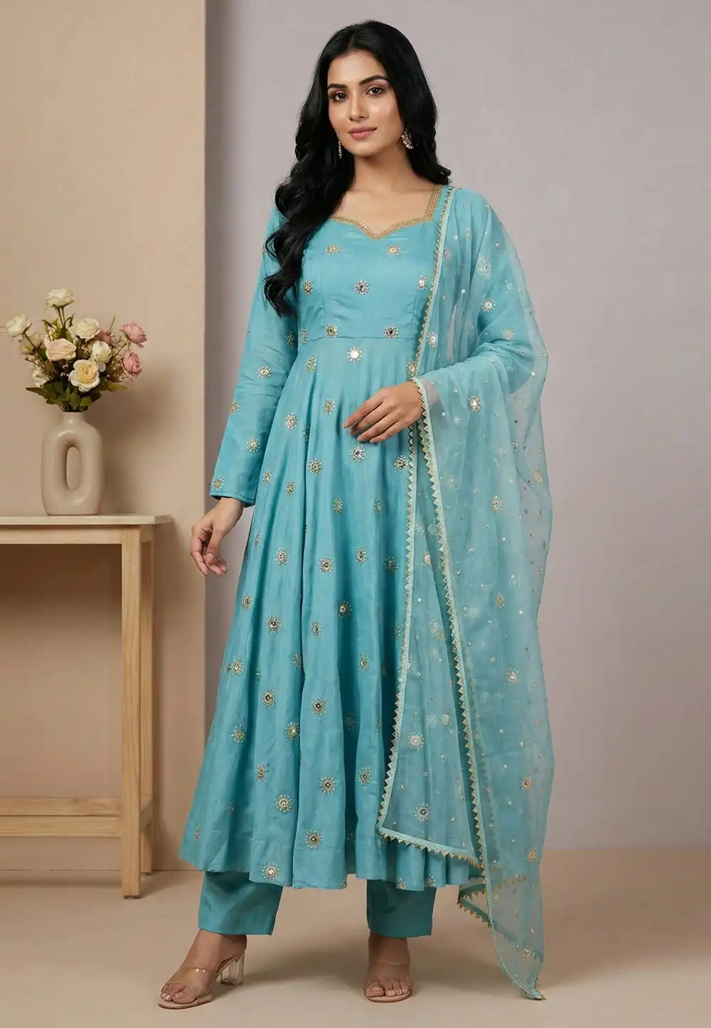 Sky Blue Silk Readymade Anarkali Suit 324965