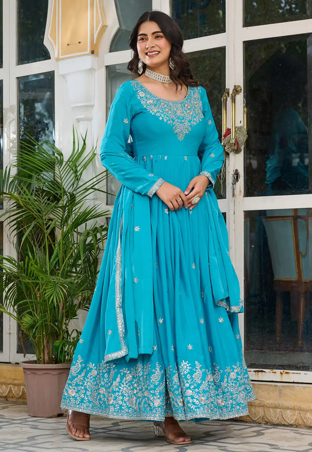 Sky Blue Silk Readymade Anarkali Suit 337063