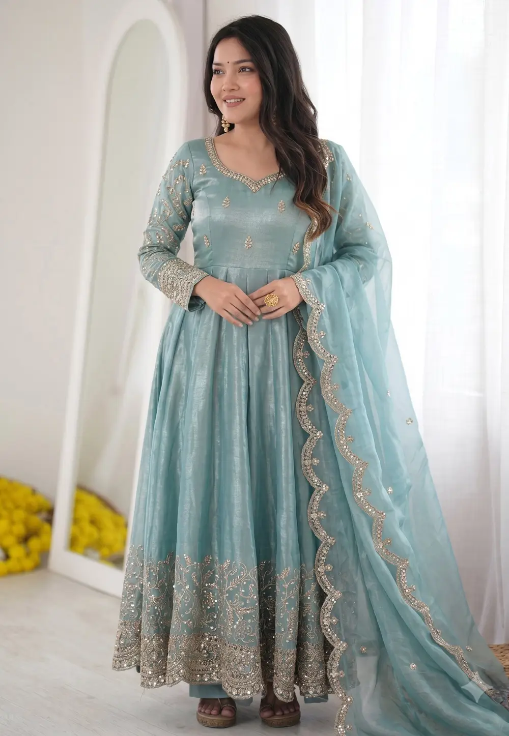 Sky Blue Silk Readymade Anarkali Suit 334542