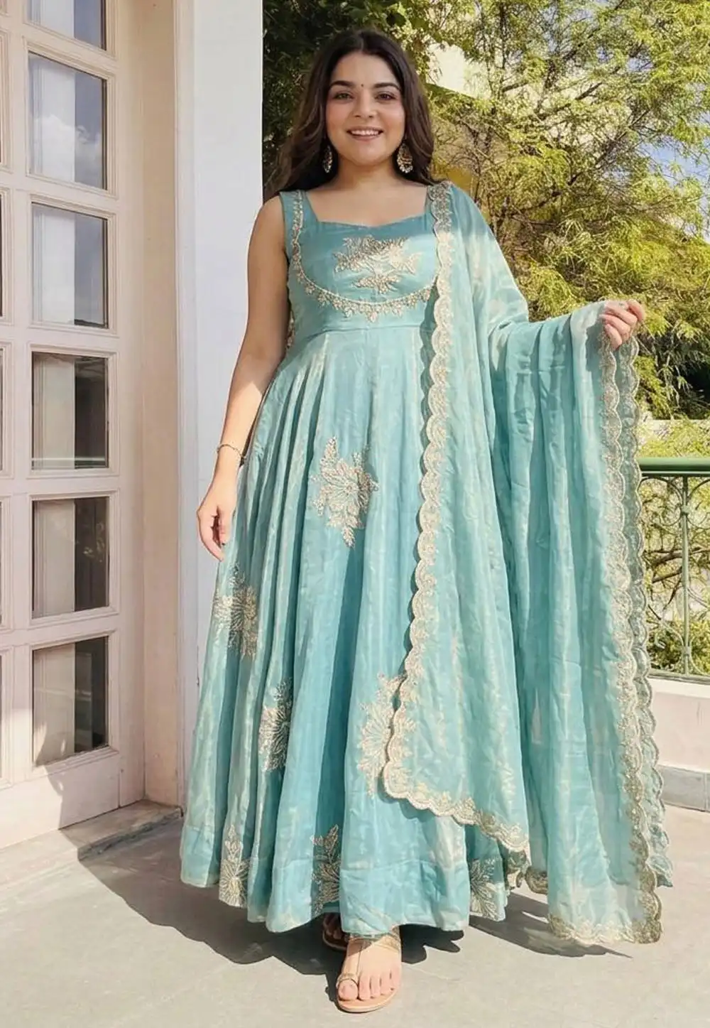 Sky Blue Silk Readymade Anarkali Suit 327945
