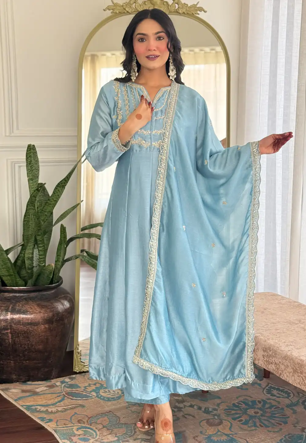 Sky Blue Silk Readymade Anarkali Suit 311136
