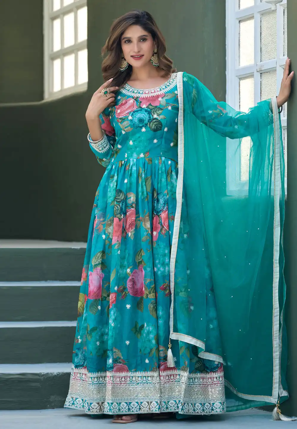 Sky Blue Silk Readymade Anarkali Suit 319944