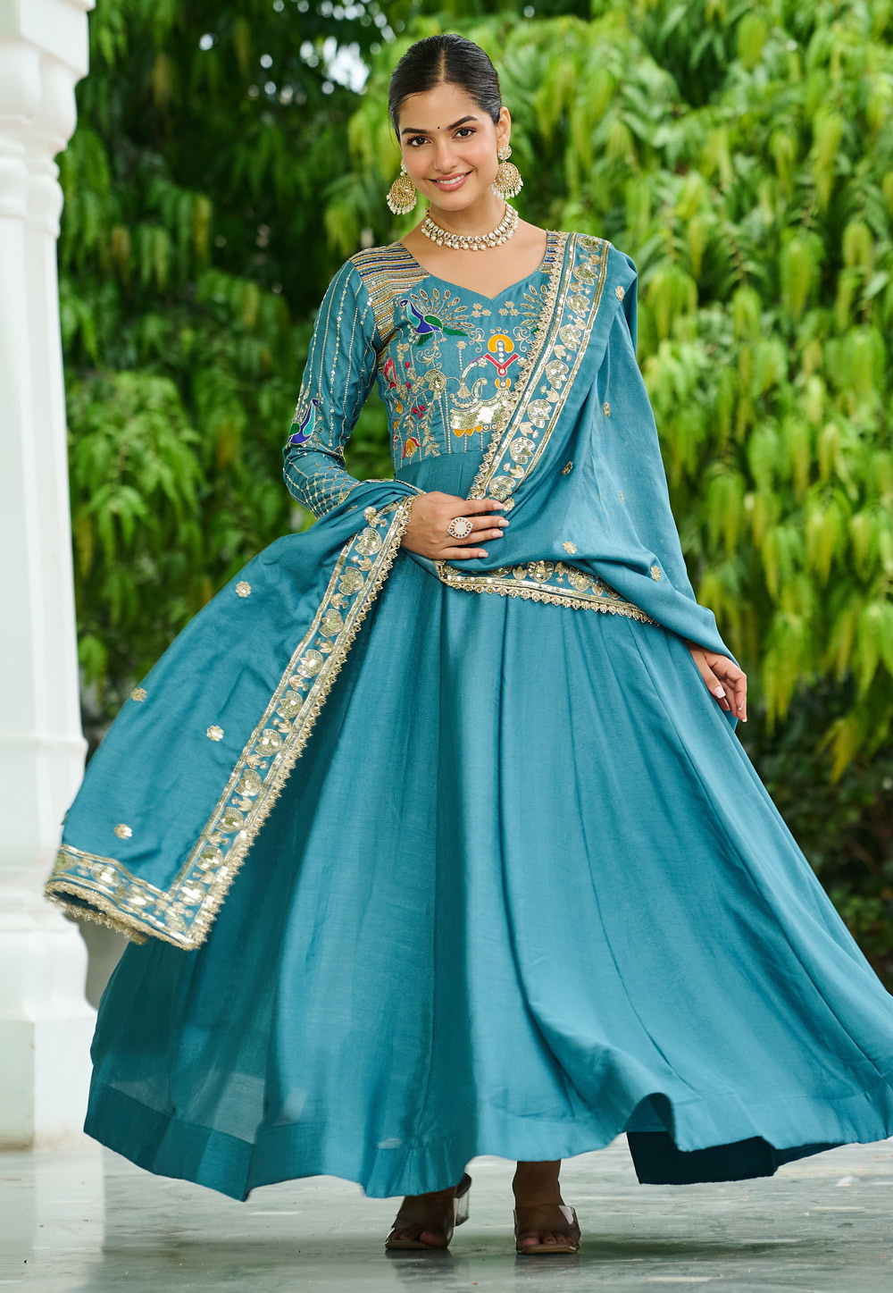 Sky Blue Silk Readymade Anarkali Suit 321215