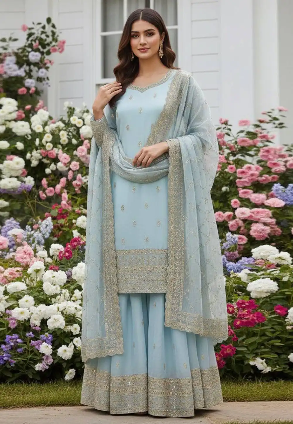 Sky Blue Silk Readymade Gharara Suit 325542