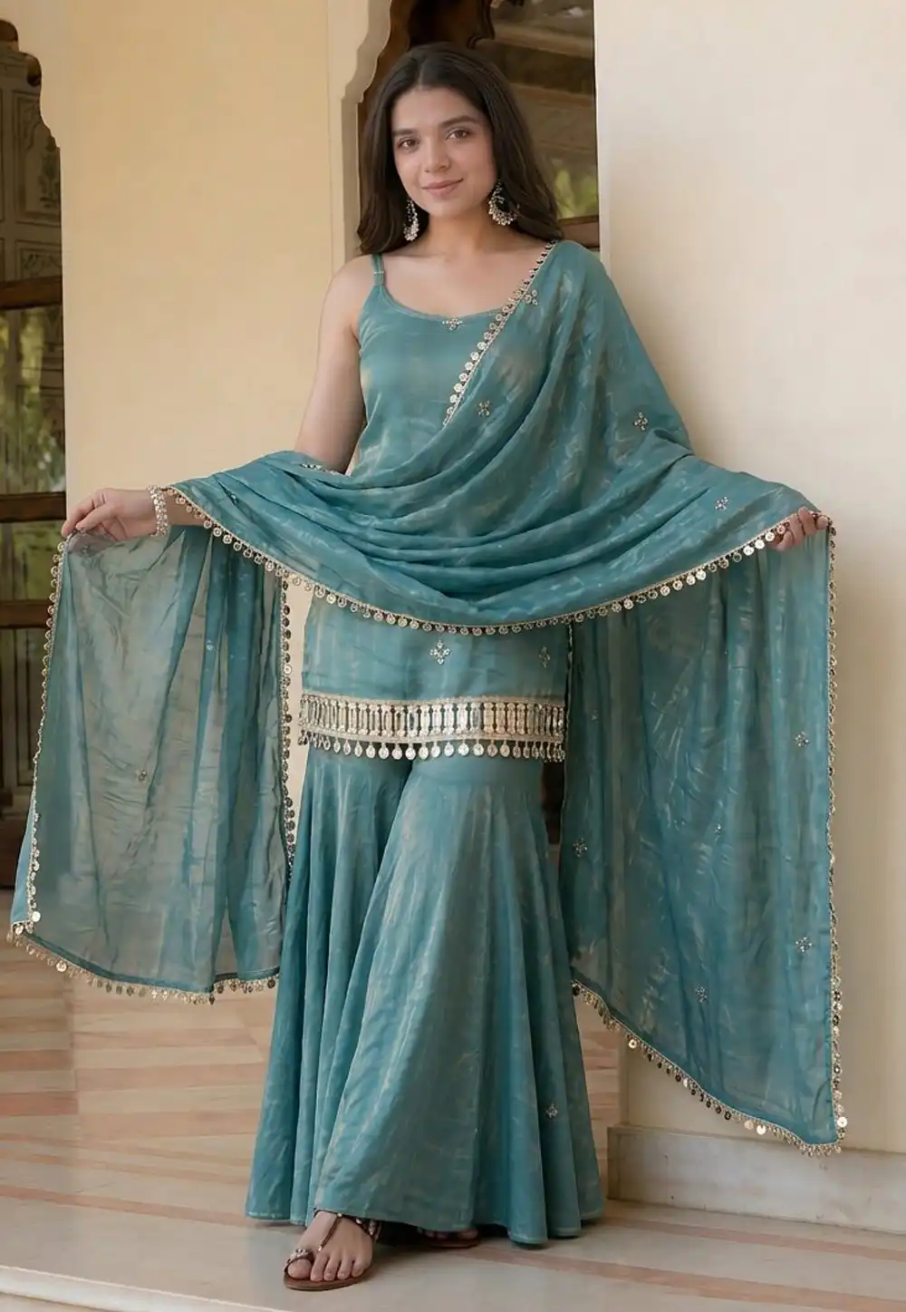 Sky Blue Silk Readymade Gharara Suit 330216