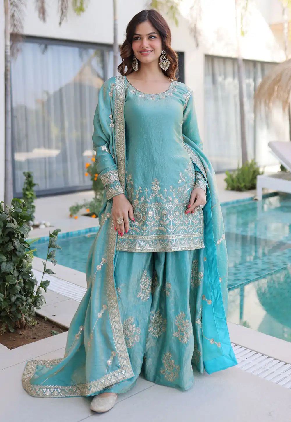 Sky Blue Silk Readymade Gharara Suit 323790