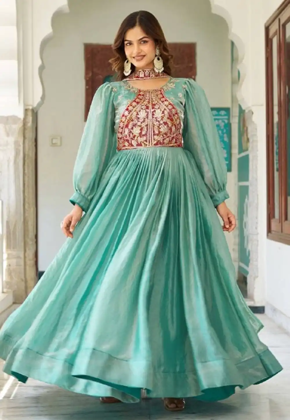 Sky Blue Silk Readymade Long Anarkali Suit 319612