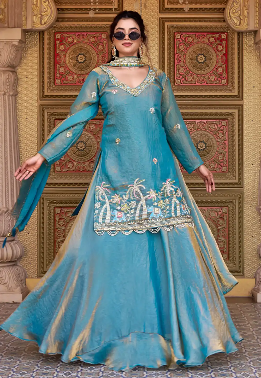Sky Blue Silk Readymade Long Choli Lehenga 325972