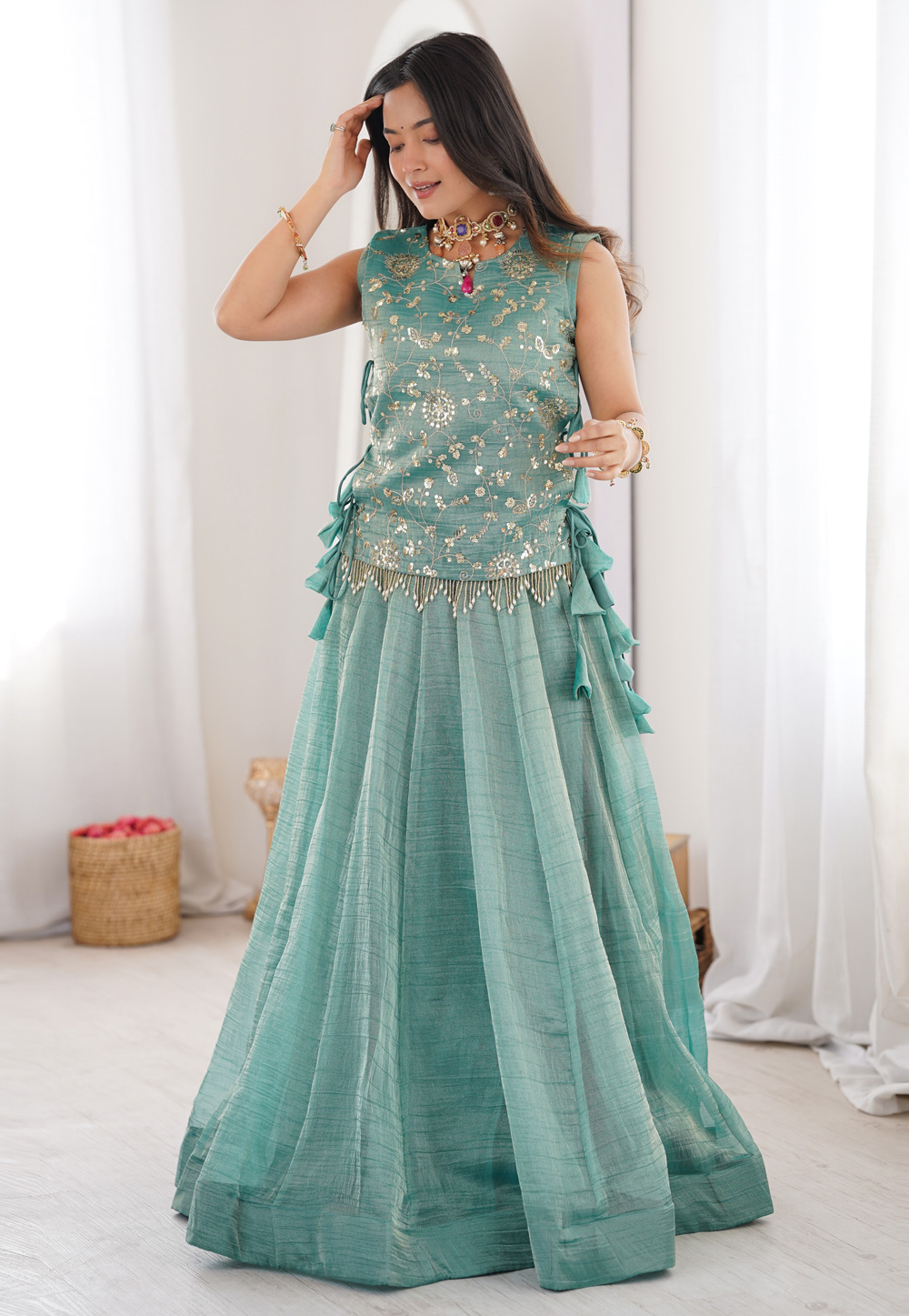 Sky Blue Silk Readymade Long Choli Lehenga 329795