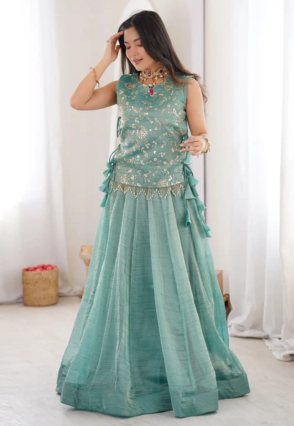 Sky Blue Silk Readymade Long Choli Lehenga 329795