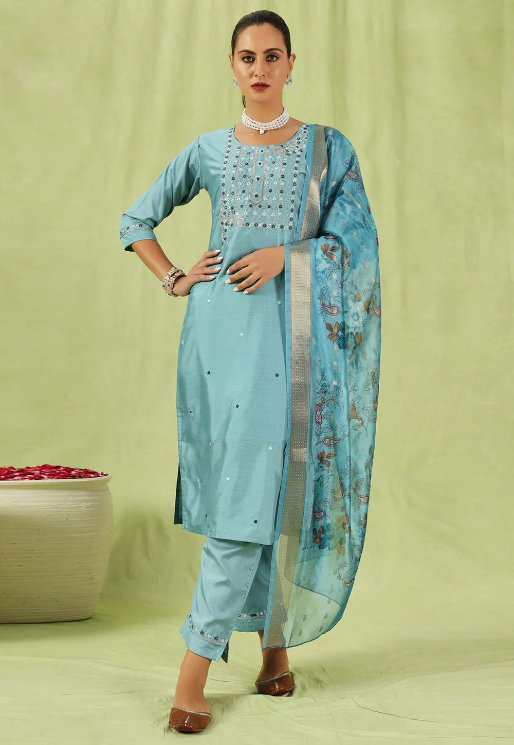 Sky Blue Silk Readymade Pakistani Suit 307297