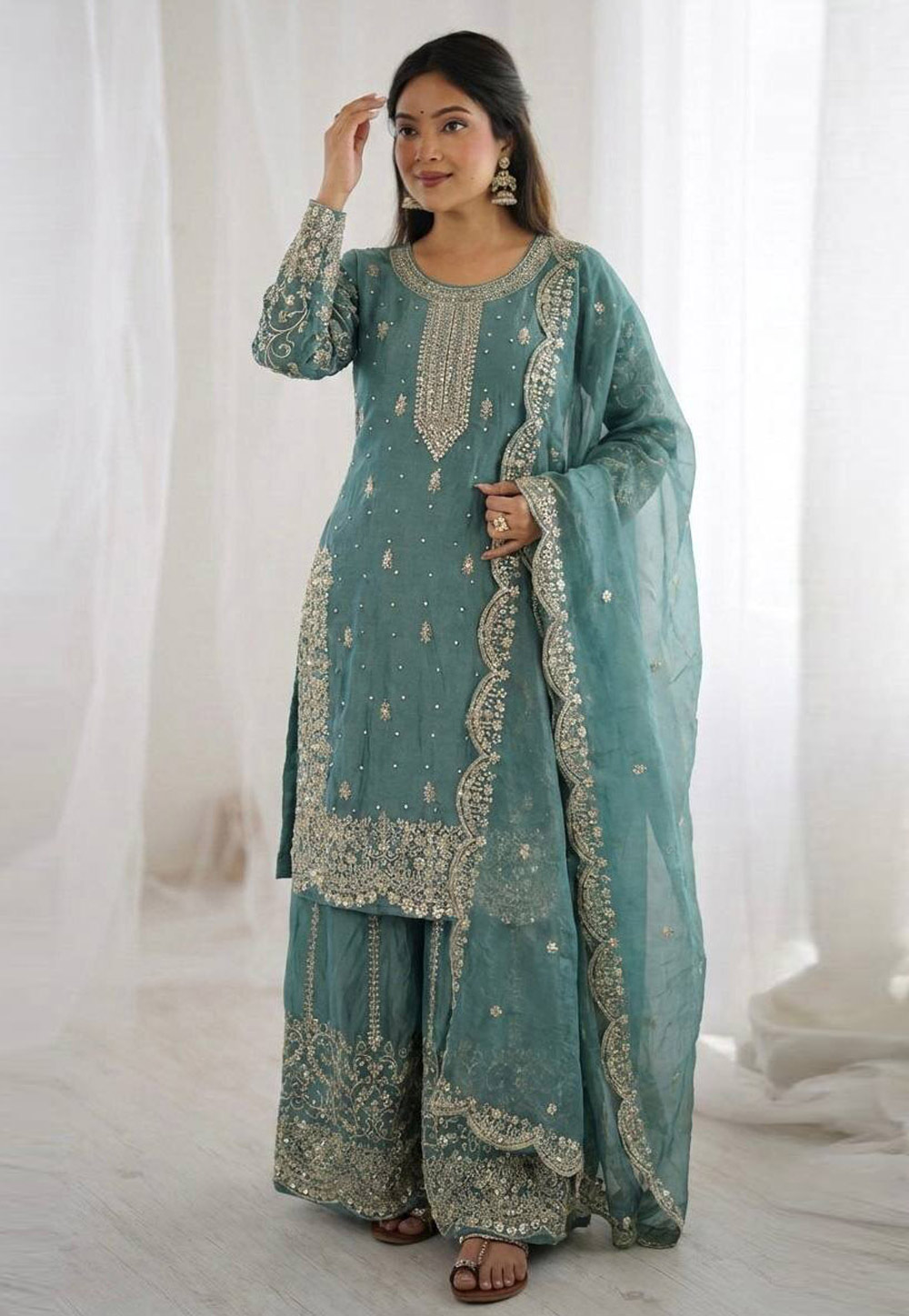 Sky Blue Silk Readymade Pakistani Suit 325506