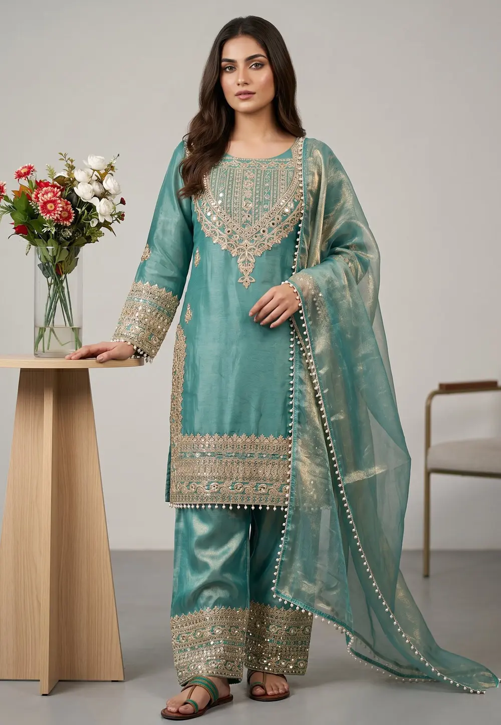 Sky Blue Silk Readymade Pakistani Suit 332021