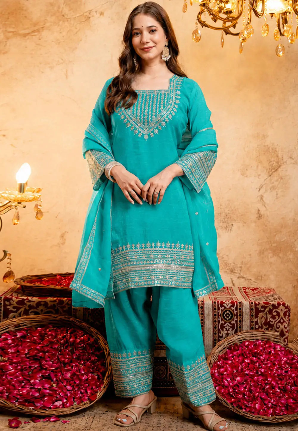 Sky Blue Silk Readymade Pakistani Suit 335051
