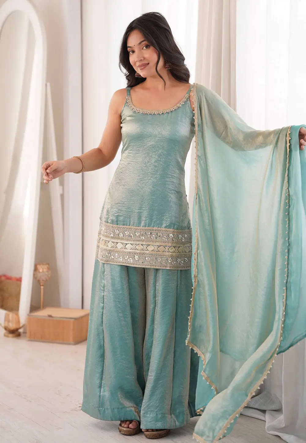Sky Blue Silk Readymade Pakistani Suit 332286