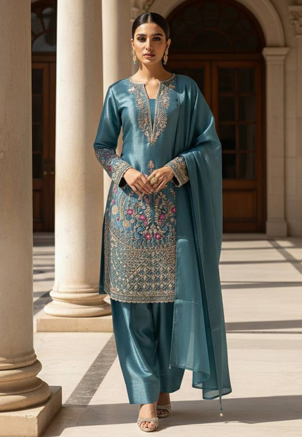 Sky Blue Silk Readymade Pakistani Suit 324051