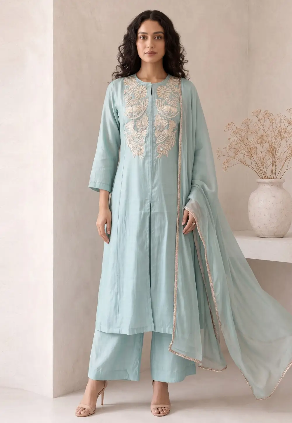 Sky Blue Silk Readymade Pakistani Suit 333042