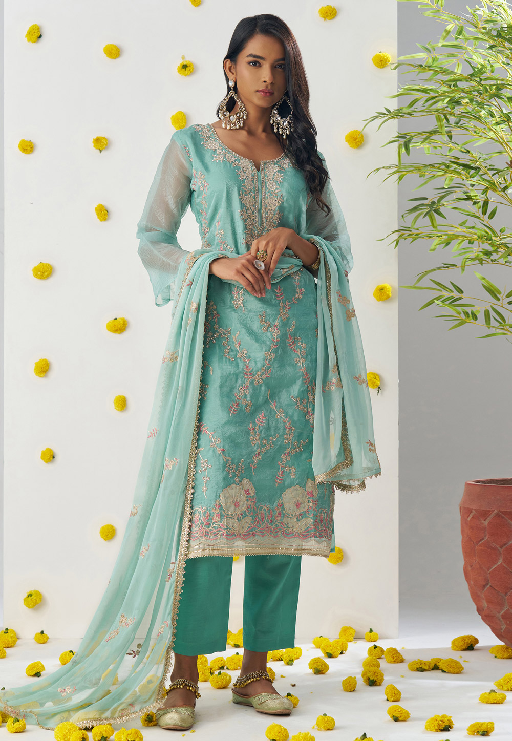 Sky Blue Silk Readymade Pakistani Suit 309298