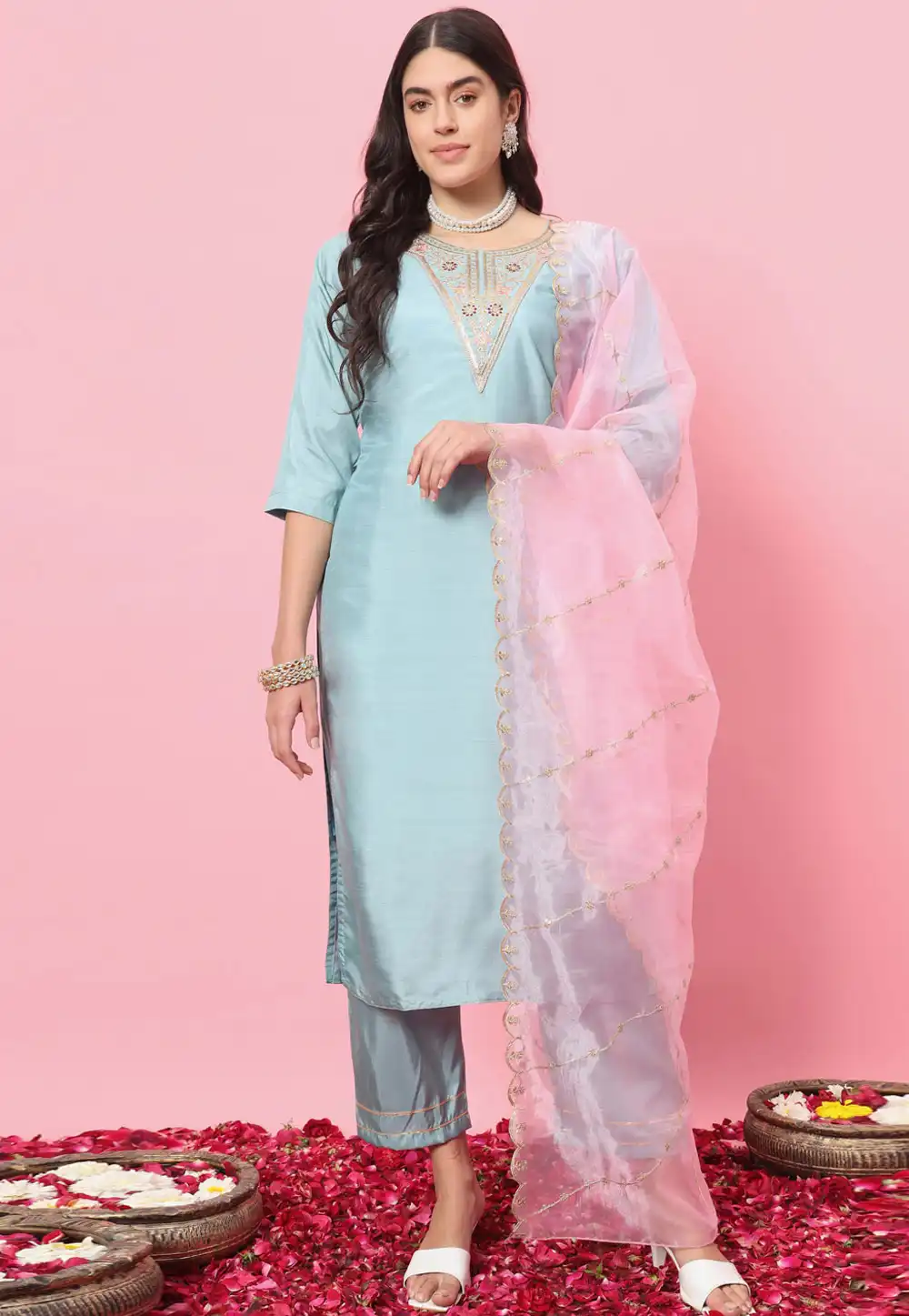 Sky Blue Silk Readymade Pakistani Suit 324928